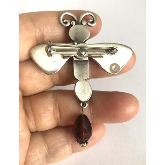 Dragonfly Brooch Amber Silver Plated - Picture 5 of 5